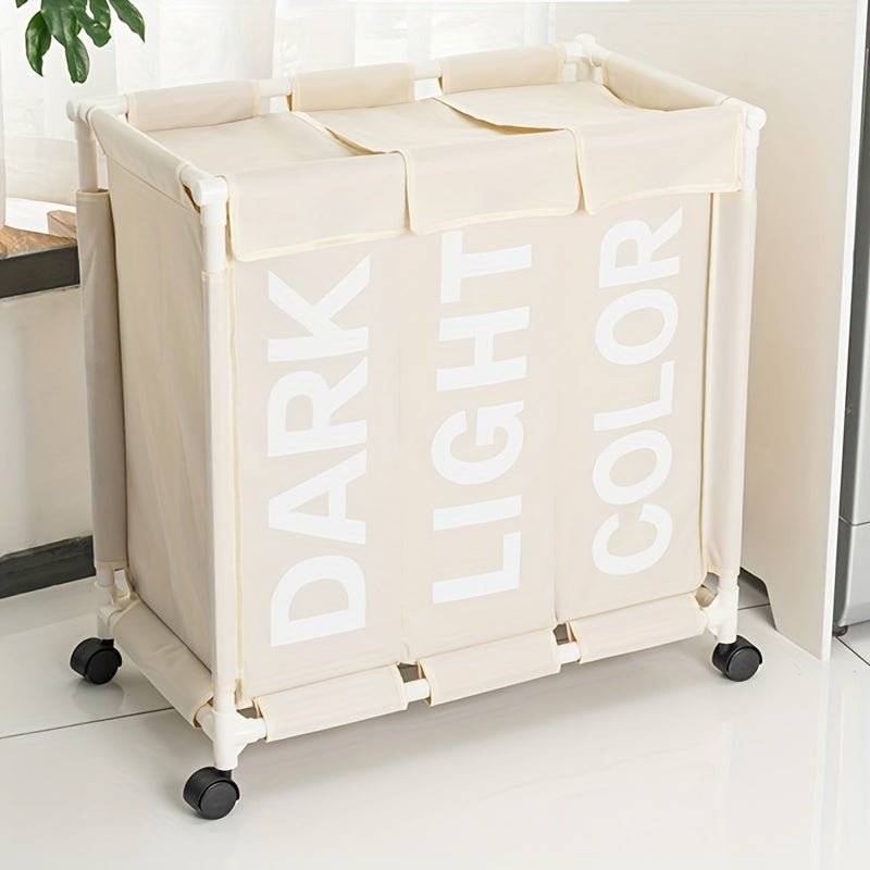 Large Waterproof Laundry Basket with 3 Compartments on Wheels for Home Organization