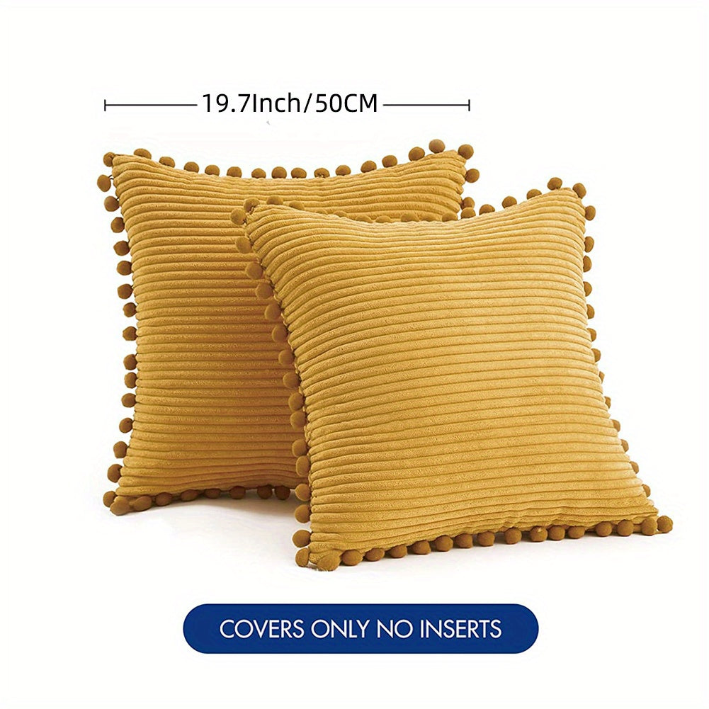 Набор из 2-х бохо наволочек для подушек с помпонами и акцентом из вельвета. Сплошные квадратные подушки для различных пространств. (18x18 дюймов/45x45 см). ВКЛЮЧЕНИЯ НЕ ВХОДЯТ.