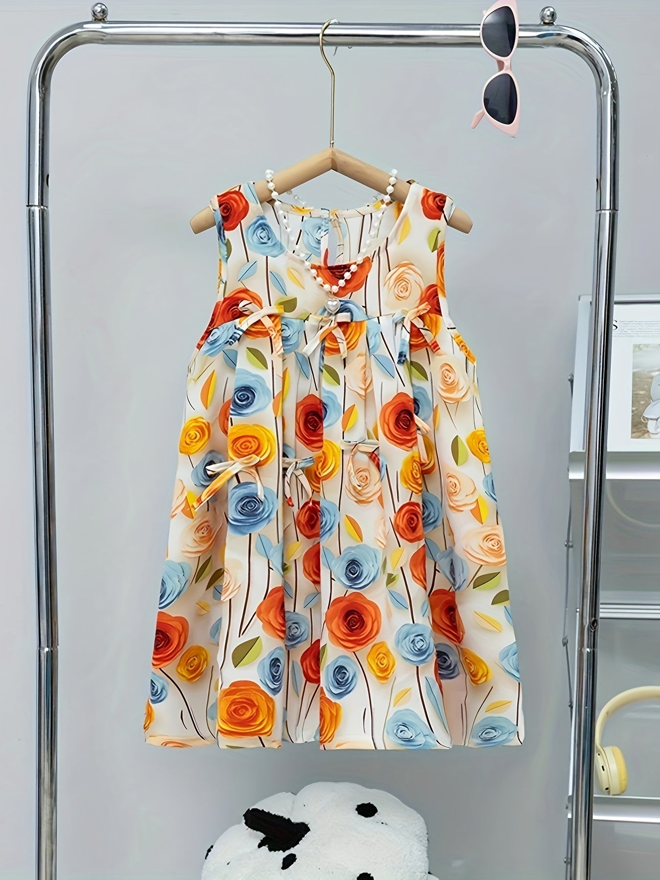 Girls' Summer Floral Sleeveless Dress with Hat for Beach and Casual Wear