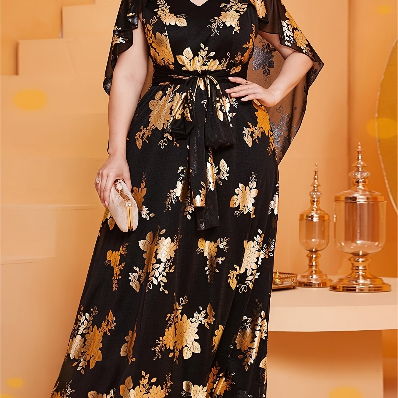 Plus Size Women's Maxi Dress V-Neck Floral Print Sleeveless Burgundy Golden All-Season Formal Evening