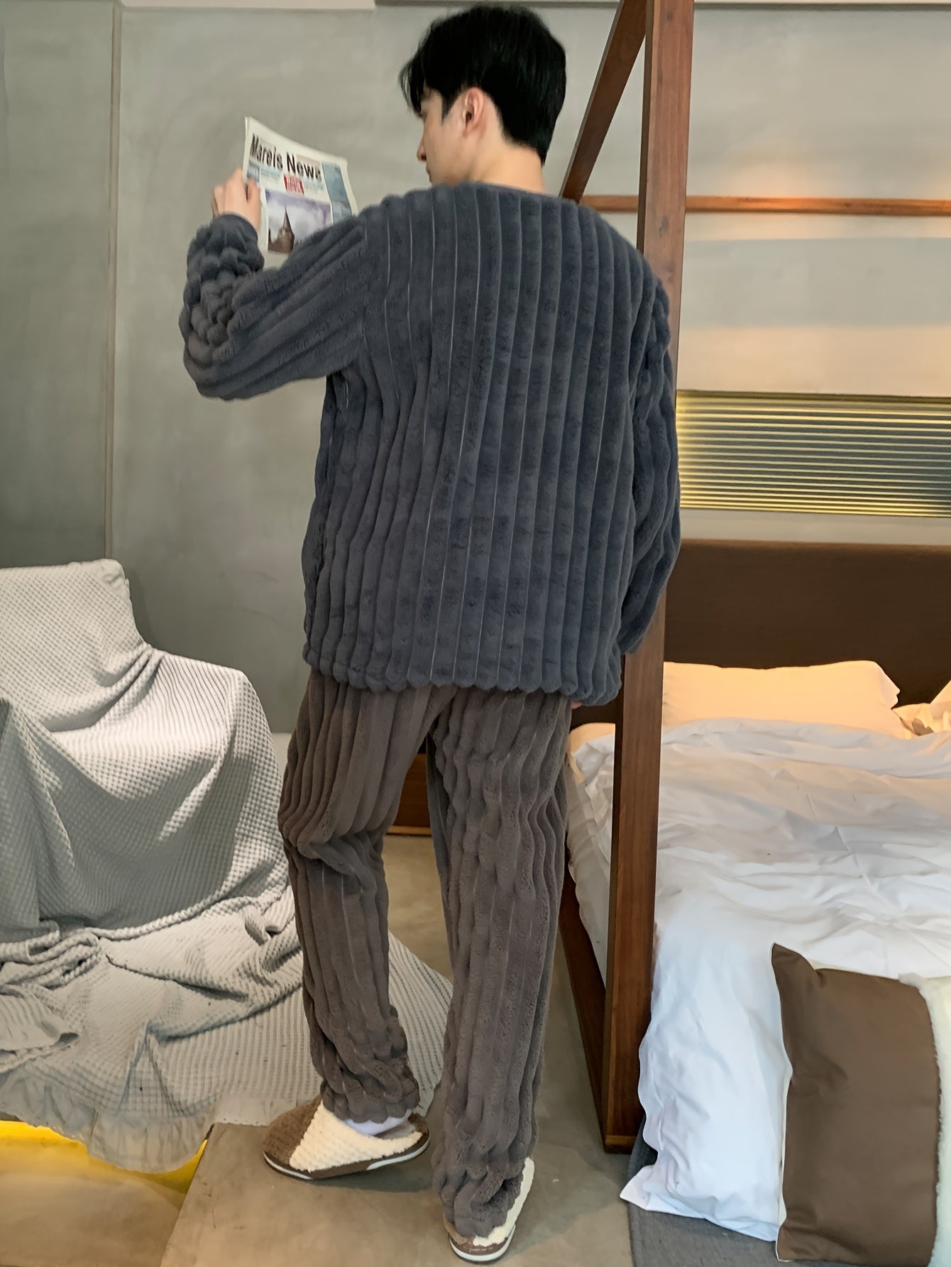 Men's Fleece Pajama Set Hooded Long Sleeve Solid Color Fall Winter Casual