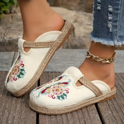Women Floral Embroidered Fabric Slides Woven Espadrille Slip-On Sandals