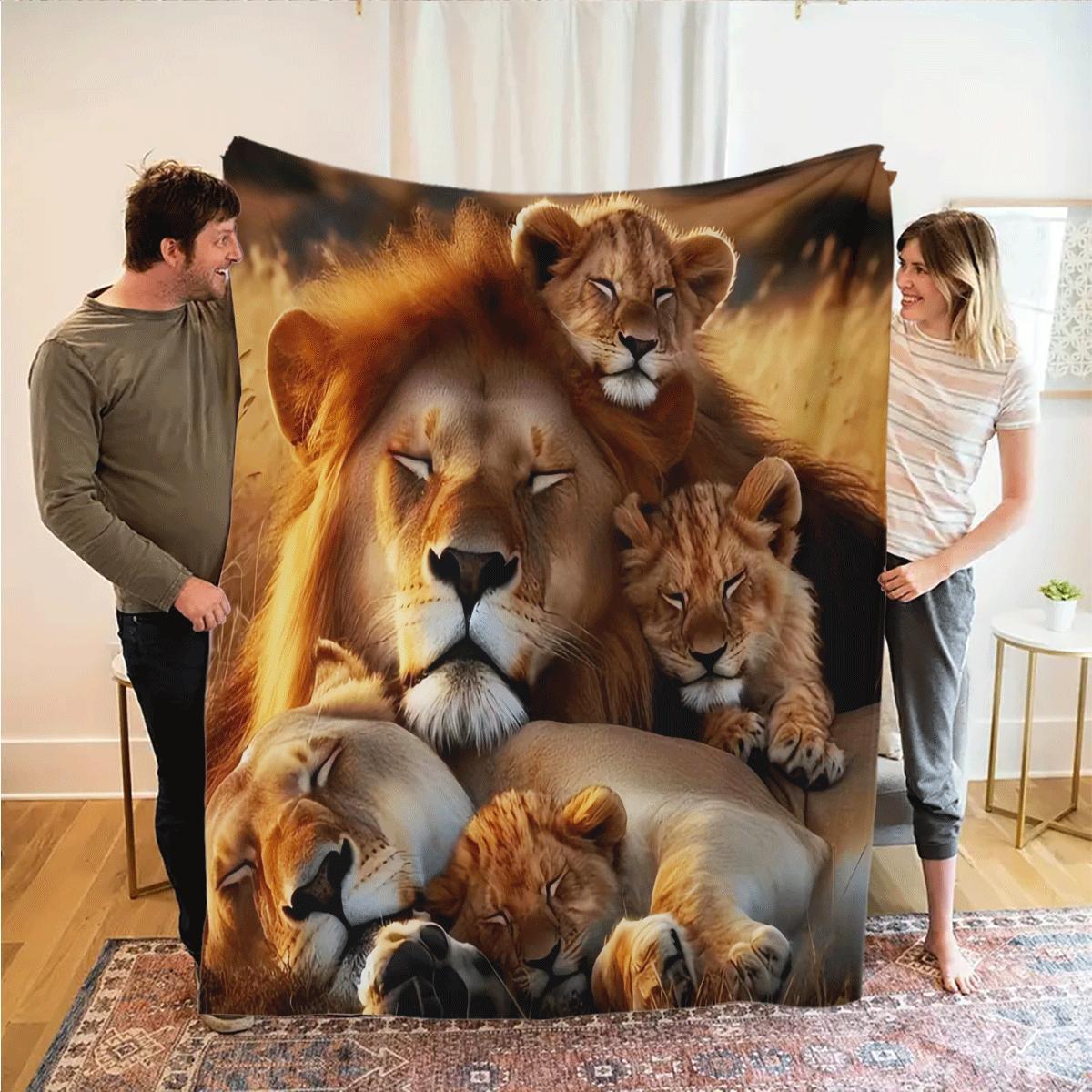 Vintage Lion Family Print Flannel Throw Blanket Yengil Polyester Sofaga mo‘ljallangan