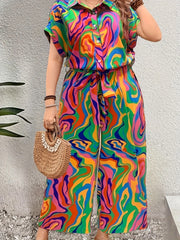 Plus Size Women's Geometric Print Jumpsuit with Adjustable Waist
