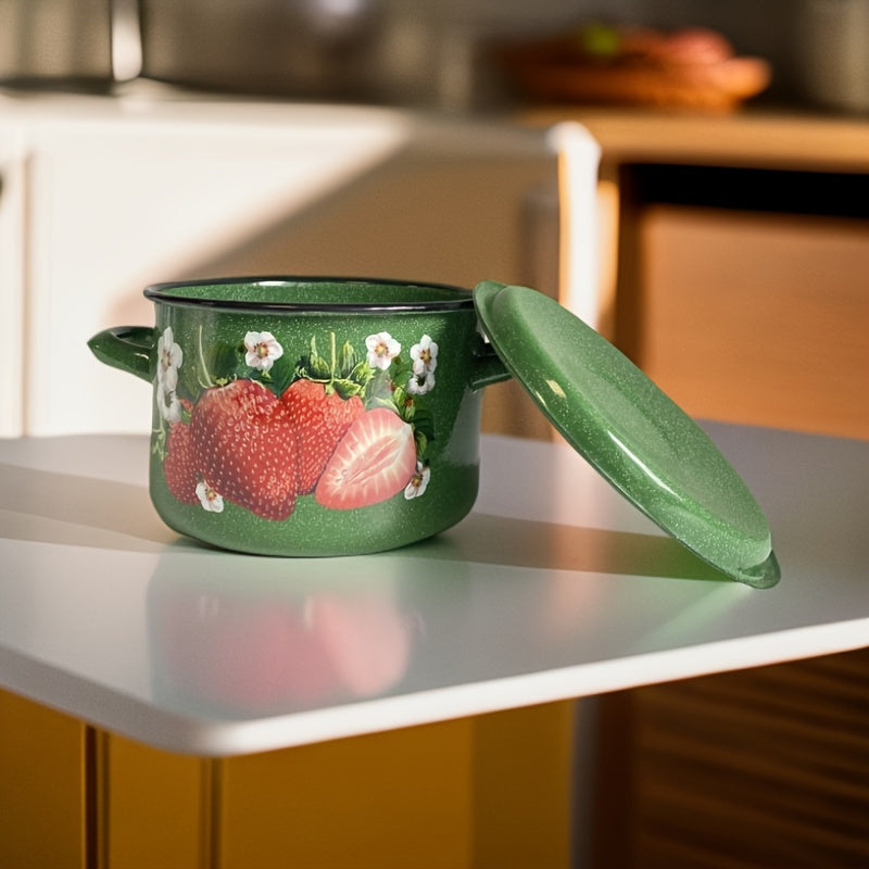 Enamel Cooking Pot 20cm with Strawberry Floral Design, Heat-Retaining Lid
