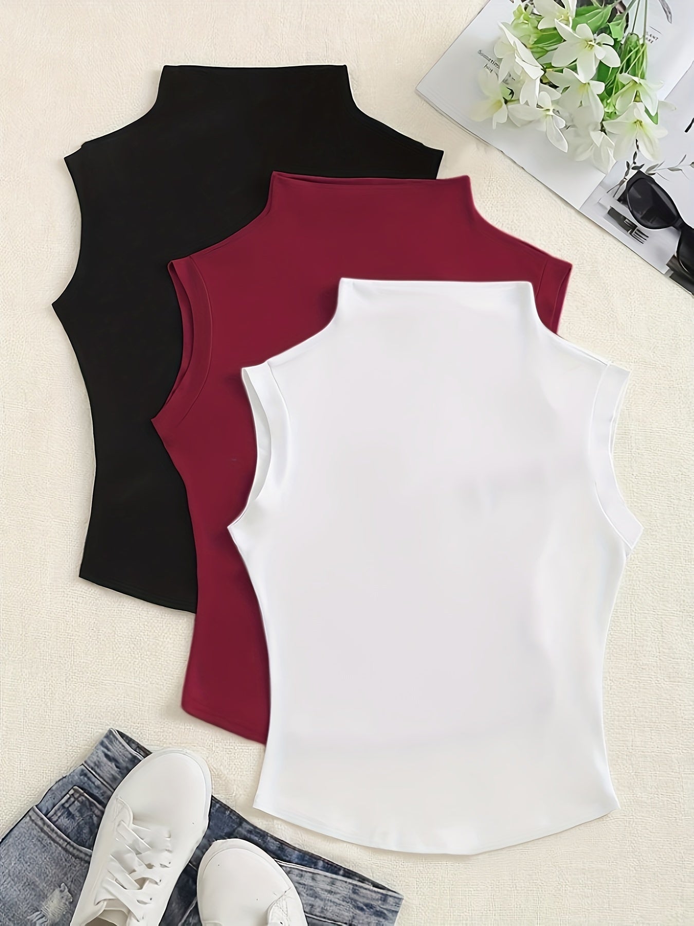 Solid Color Mock Neck Tank Top for Women Spring Fall Sleeveless Knit Medium Stretch