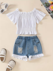 Девчачий комплект из двух предметов: джинсовая блузка с открытыми плечами и шорты для летних повседневных мероприятий