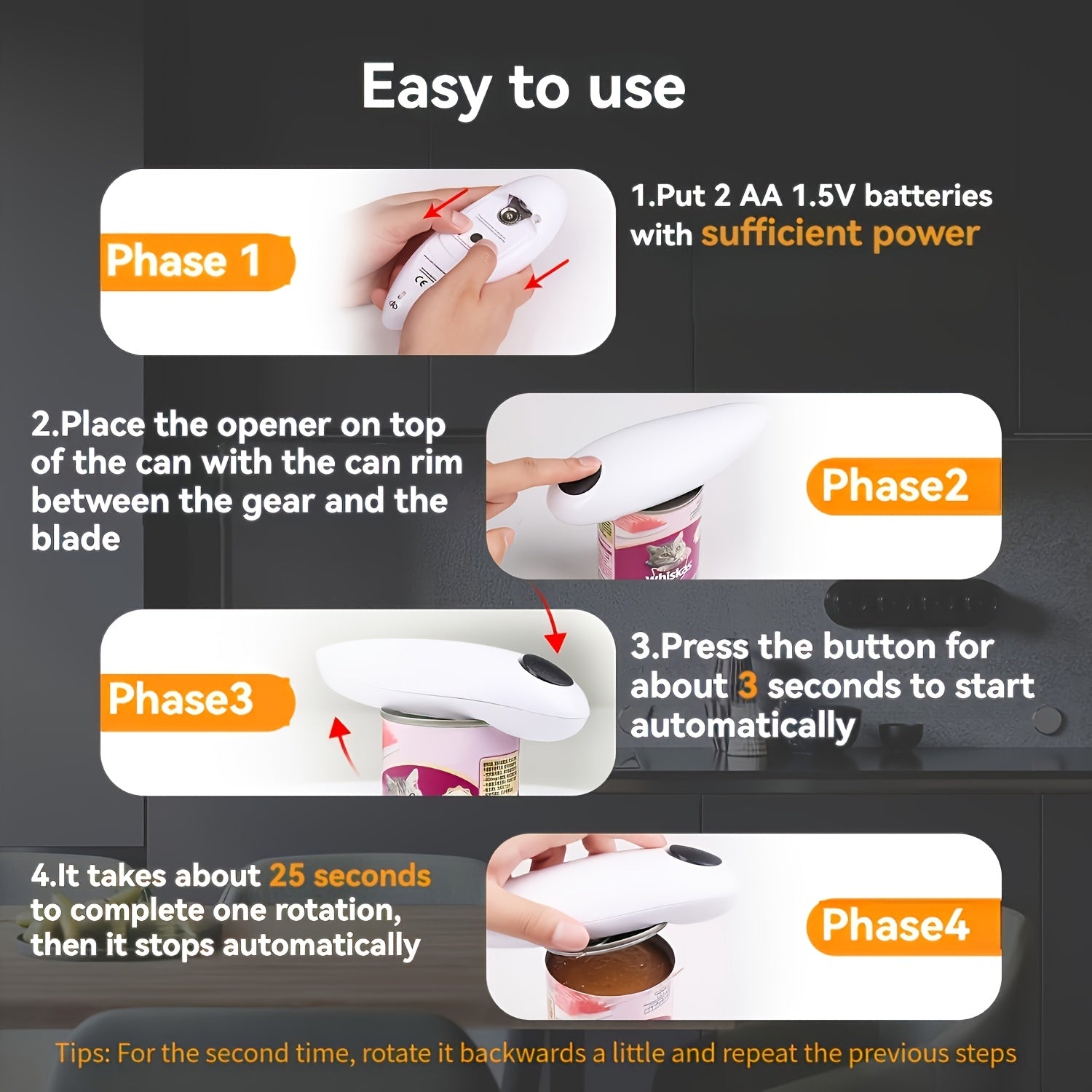 Abrelatas eléctrico compacto inalámbrico con apagado automático, borde seguro, funcionamiento con batería