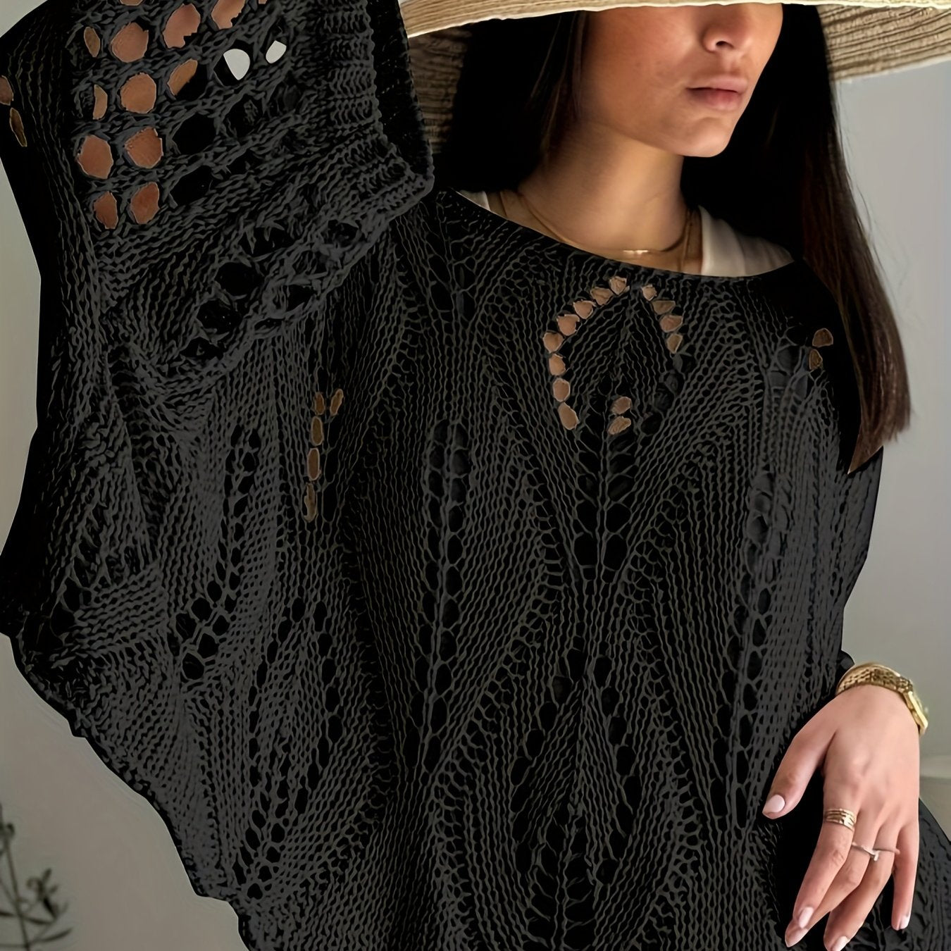 Plus Size Women's Casual Crochet Cover-Up Top with Sun Protection