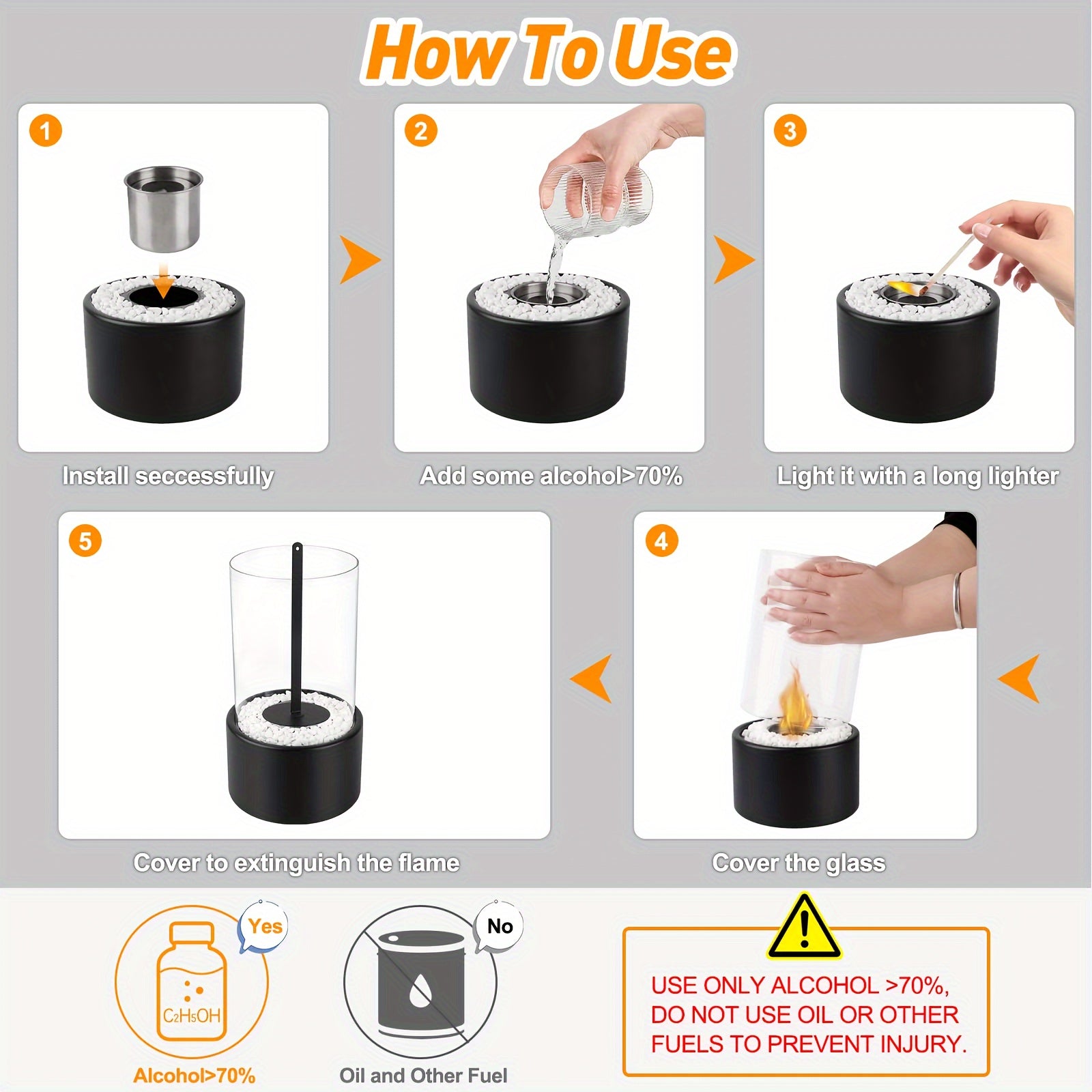 Portable Stainless Steel Tabletop Fireplace with White Stones and Windproof Glass