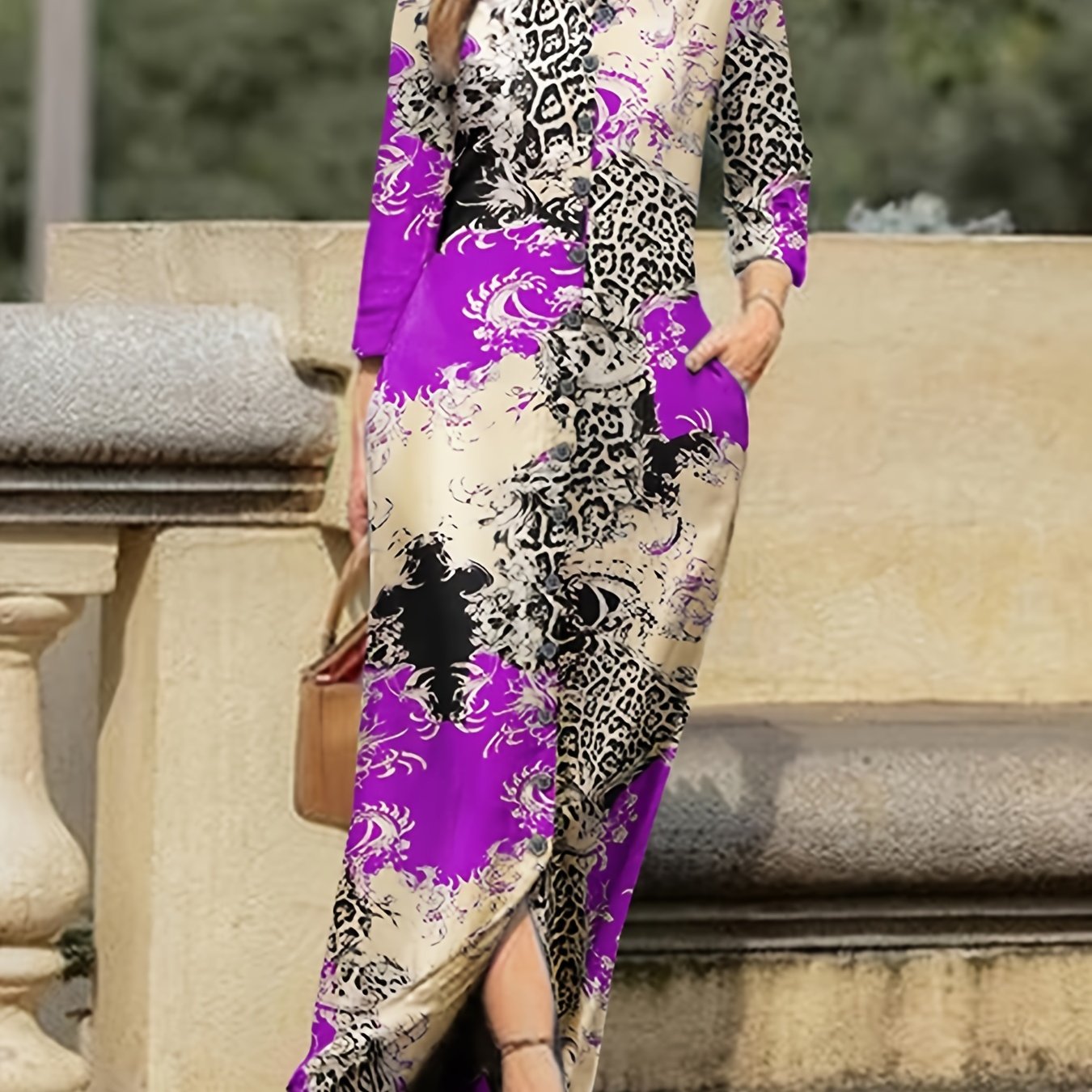 Women's Tribal Print Long Sleeve Dress with Pockets and Button Front for Spring and Fall