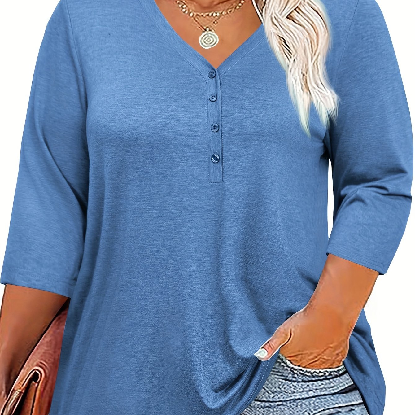 Women's Plus Size V-Neck Tunic Top 3/4 Sleeve Button Front Casual Breathable