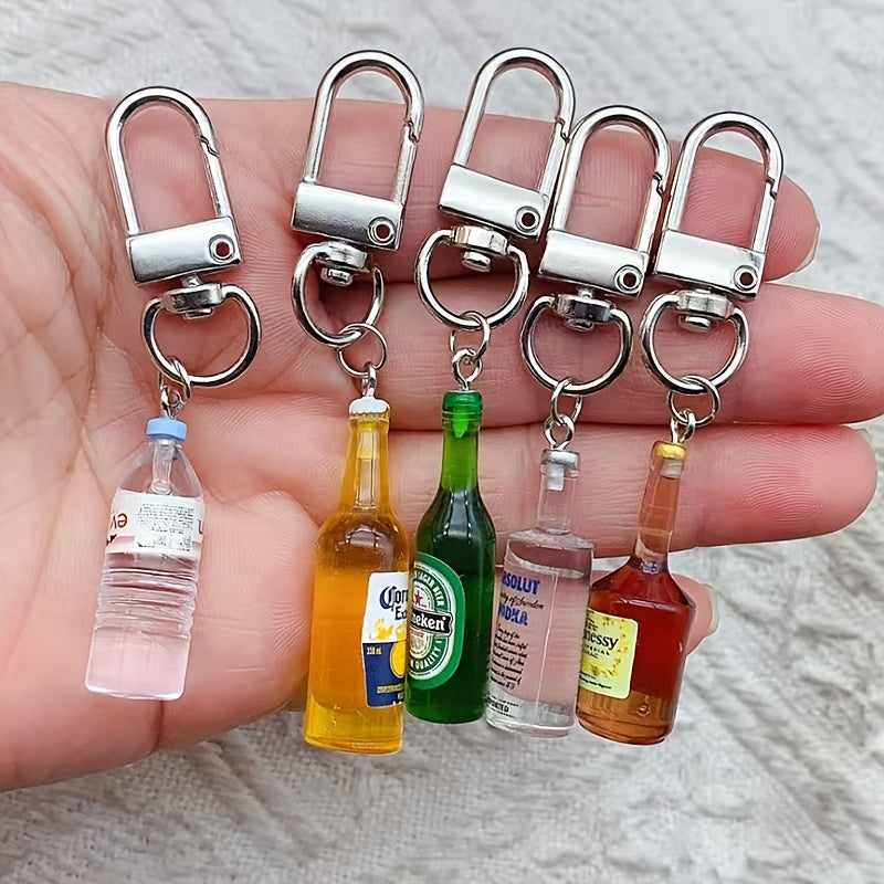 Set of 5 Miniature Resin and Alloy Beverage Bottle Keychains for Keys Phones Bags