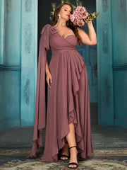 Women Elegant One-Shoulder Ruffle Hem Gown Polyester Cape Sleeve Wedding Dress