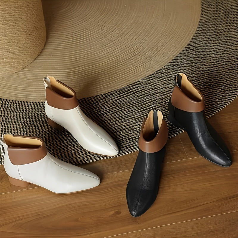 Women Ankle Boots Faux Cover Leather Mid-Heel Side Zipper Pointed Toe