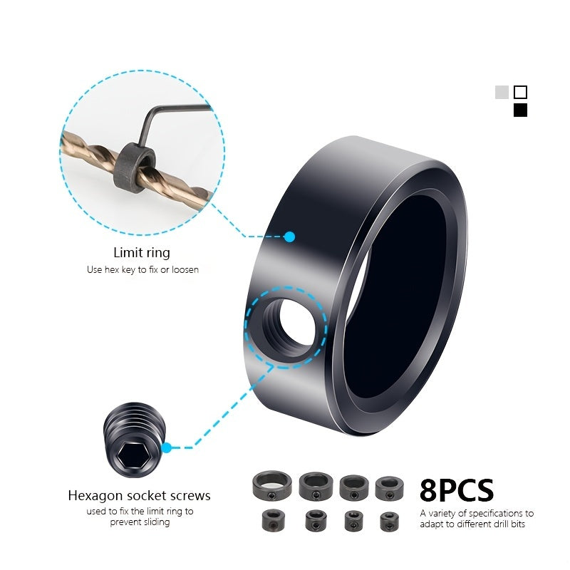 7pcs Drill Stop Ring Set Carbon Steel Locking Rings for Woodworking