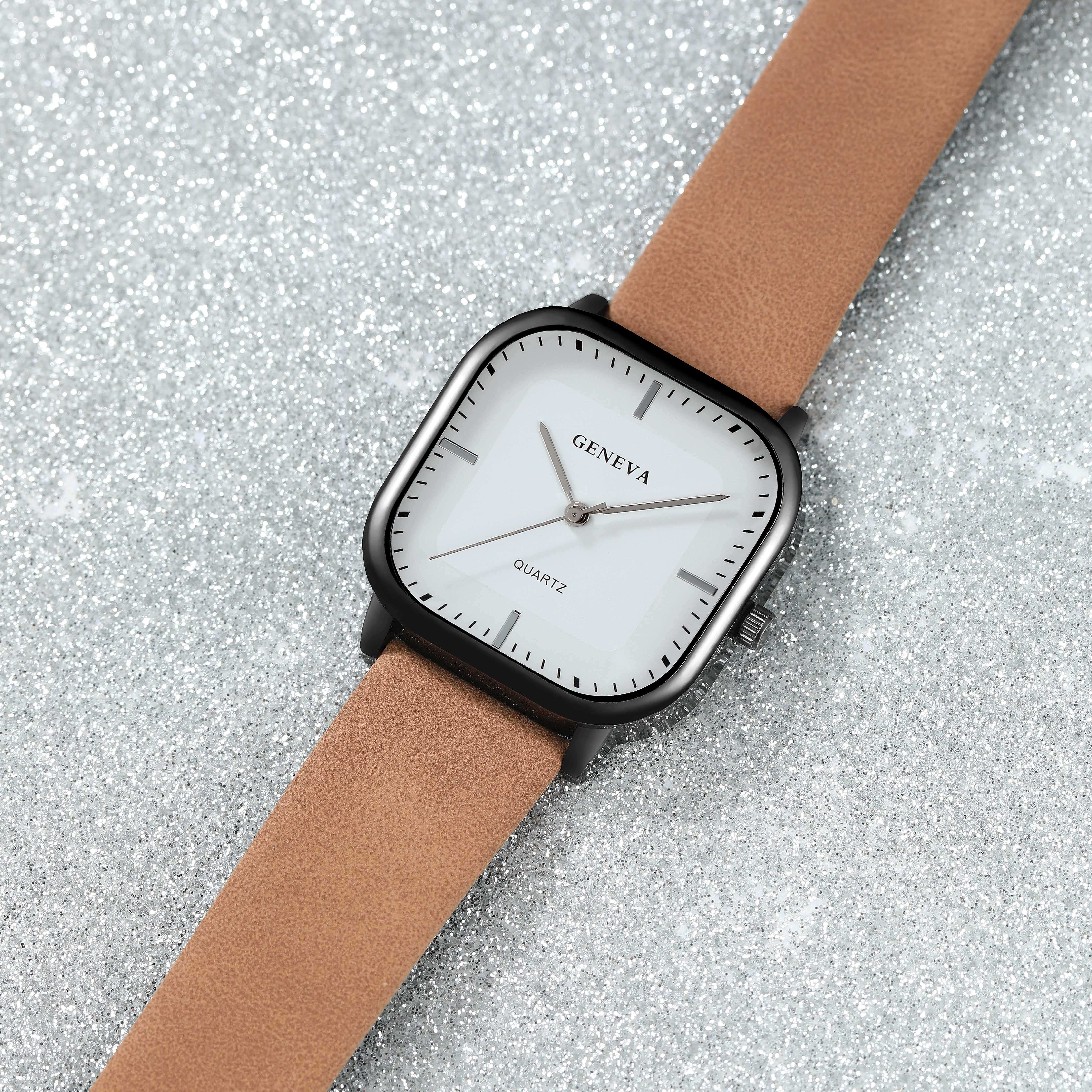 3 ta ayollar soati to'plami, oddiy bir rang, nafis biznes tasodifiy dizayn, kvadrat qopqoq, PU charm kamar, qotishma tanasi, kvarts harakati va simsiz emas.