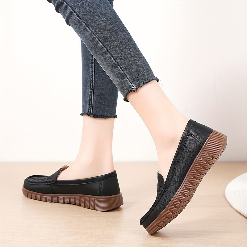 Women's Faux Leather Slip-On Loafers Non-Slip Flat Shoes Black All-Season