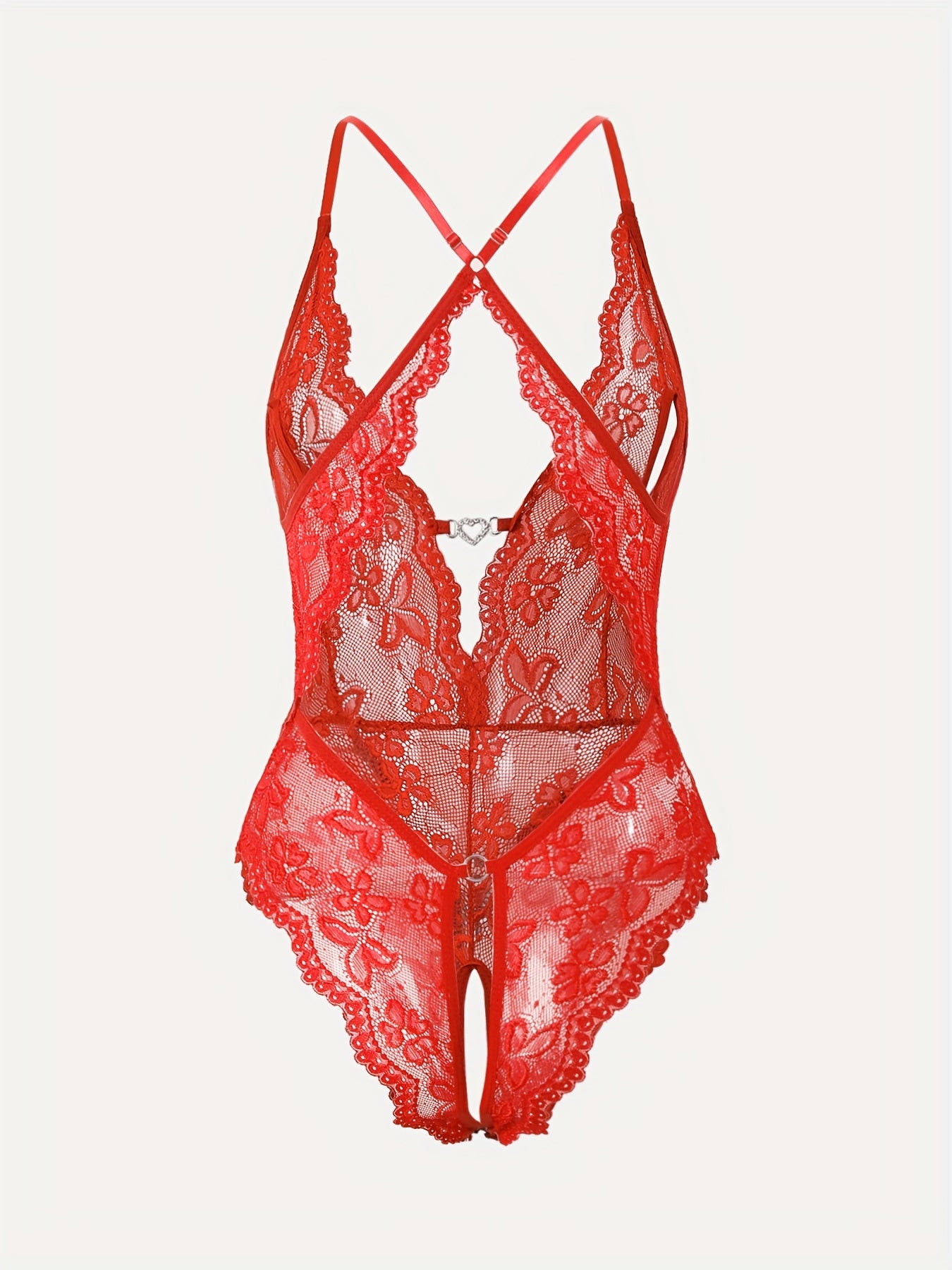 Women's Red Lace Bodysuit with Deep V-Neck and Floral Print Nylon Lingerie