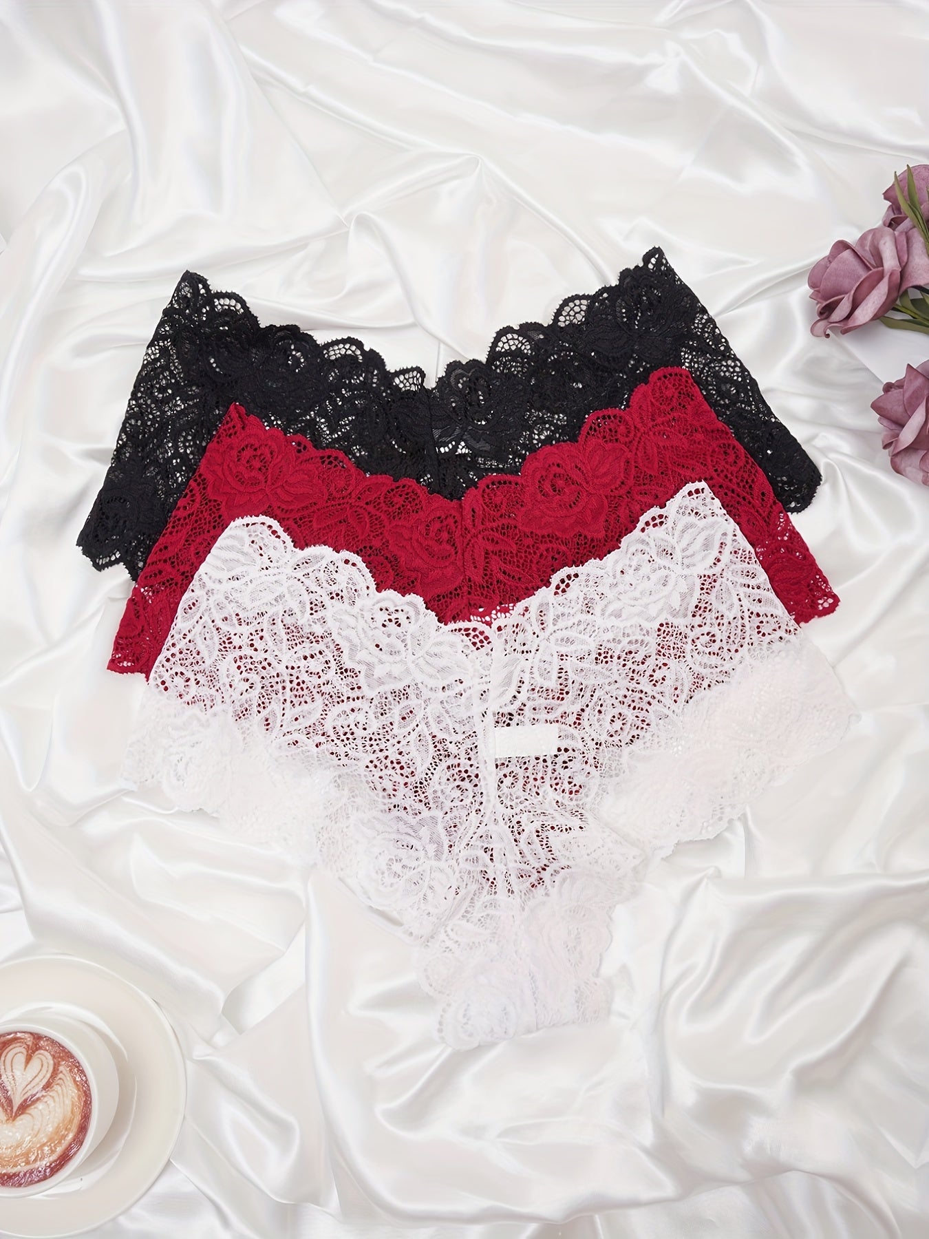 Women's Floral Lace Panties Set 3 Pack Breathable Scallop Trim Jacquard Sheer Shorts