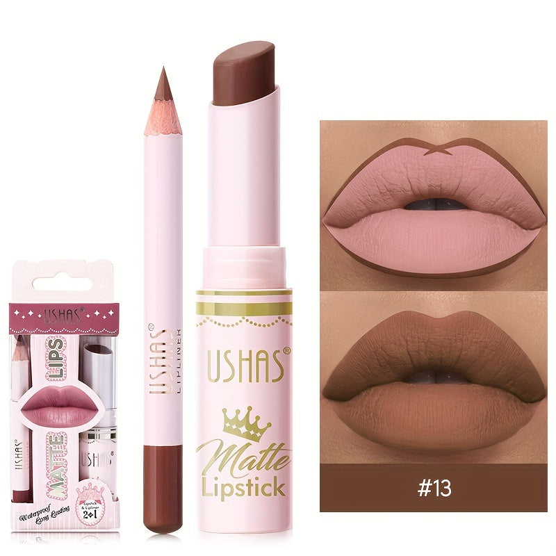 Set de lápiz labial mate y perfilador de labios para mujer, a prueba de agua, tono nude, con alto pigmento