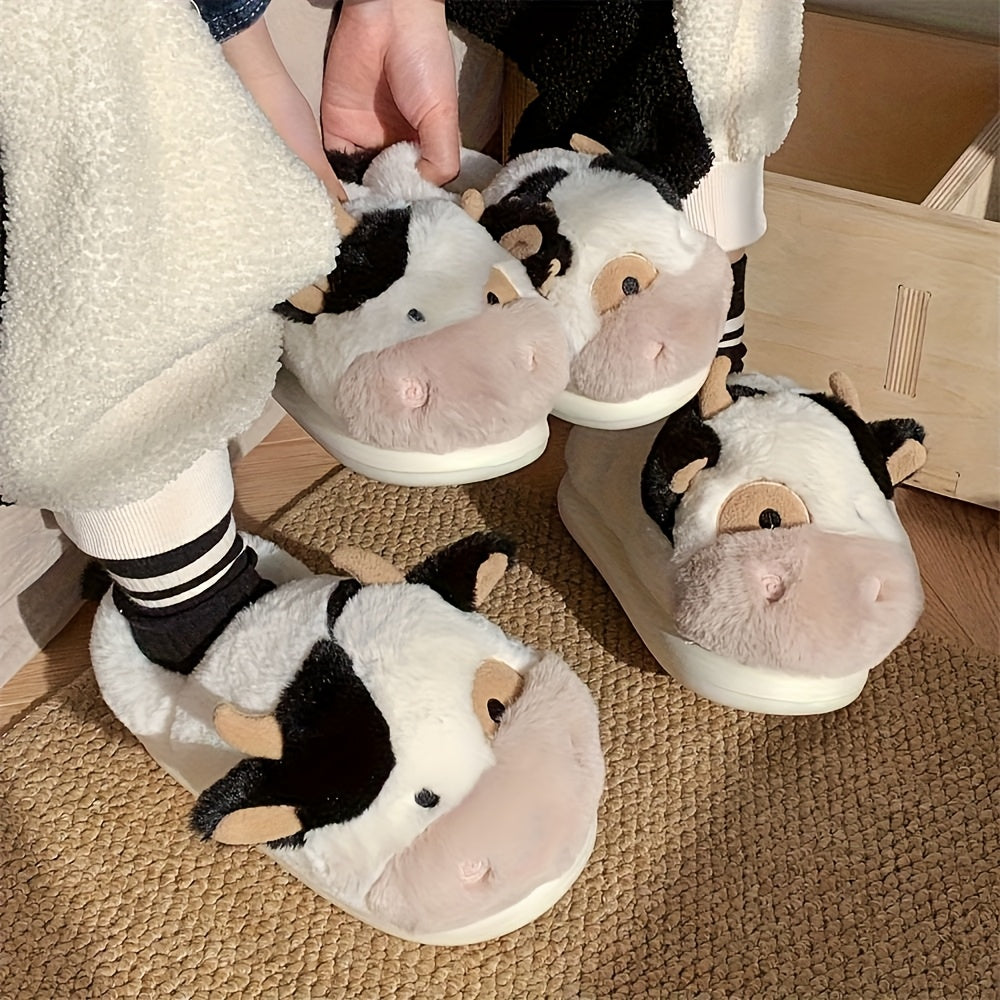 Unisex Plush Cow Slippers, Slip-On Indoor Shoes, Winter Comfortable