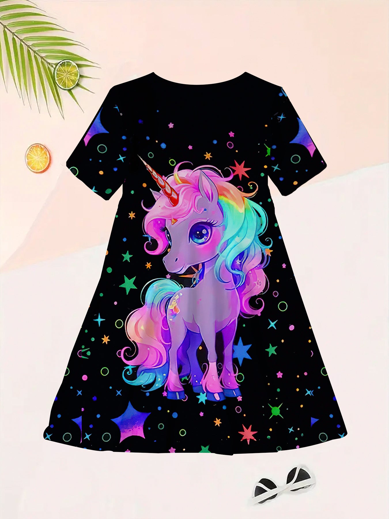 Girls' Polyester Dress with Unicorn and Star Print for Birthday and Spring Summer Events