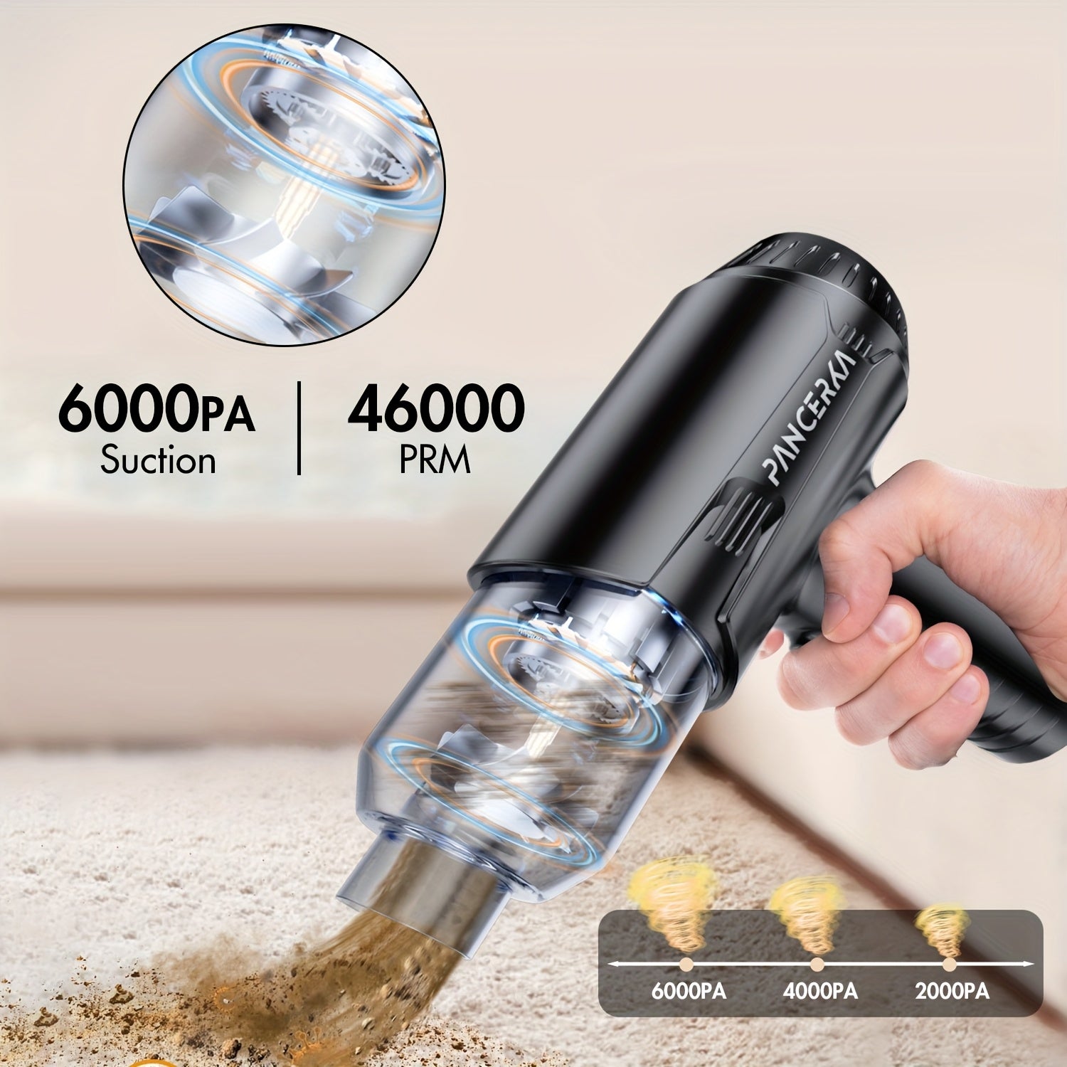 PANCERKA Qo'l bilan ishlatiladigan Avtomobil Changyutgichi, 6000PA Portativ Simsiz, Ko'p nozzle'lar, Avtomobil, Uy, Hayvon, Ofis uchun ixcham