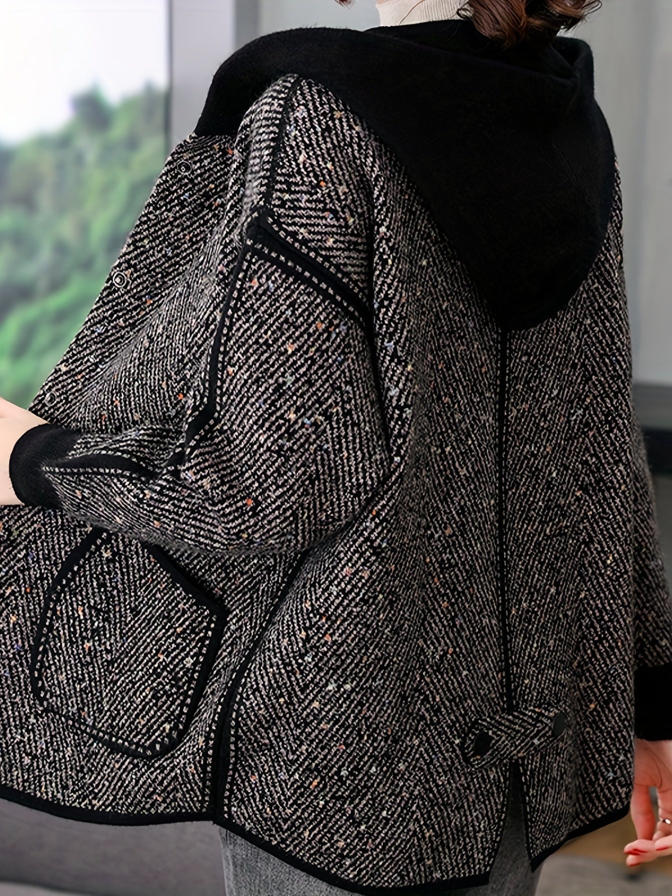 Women's Hooded Jacket with Button Front Pockets Casual Spring Fall Knit Fabric