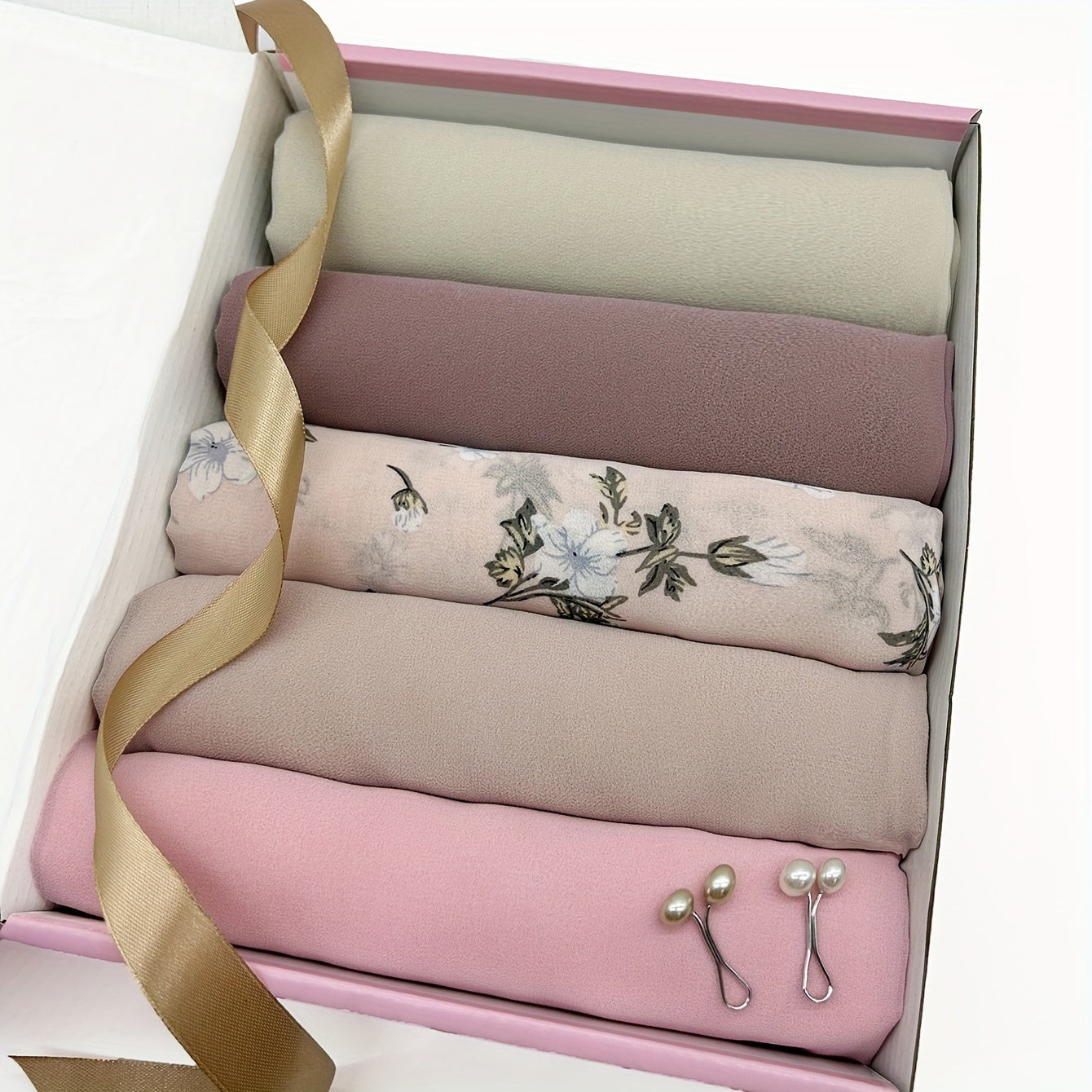 Boxed Muslim Headscarves Set with 5 Chiffon Solid and Printed Scarves and Clips