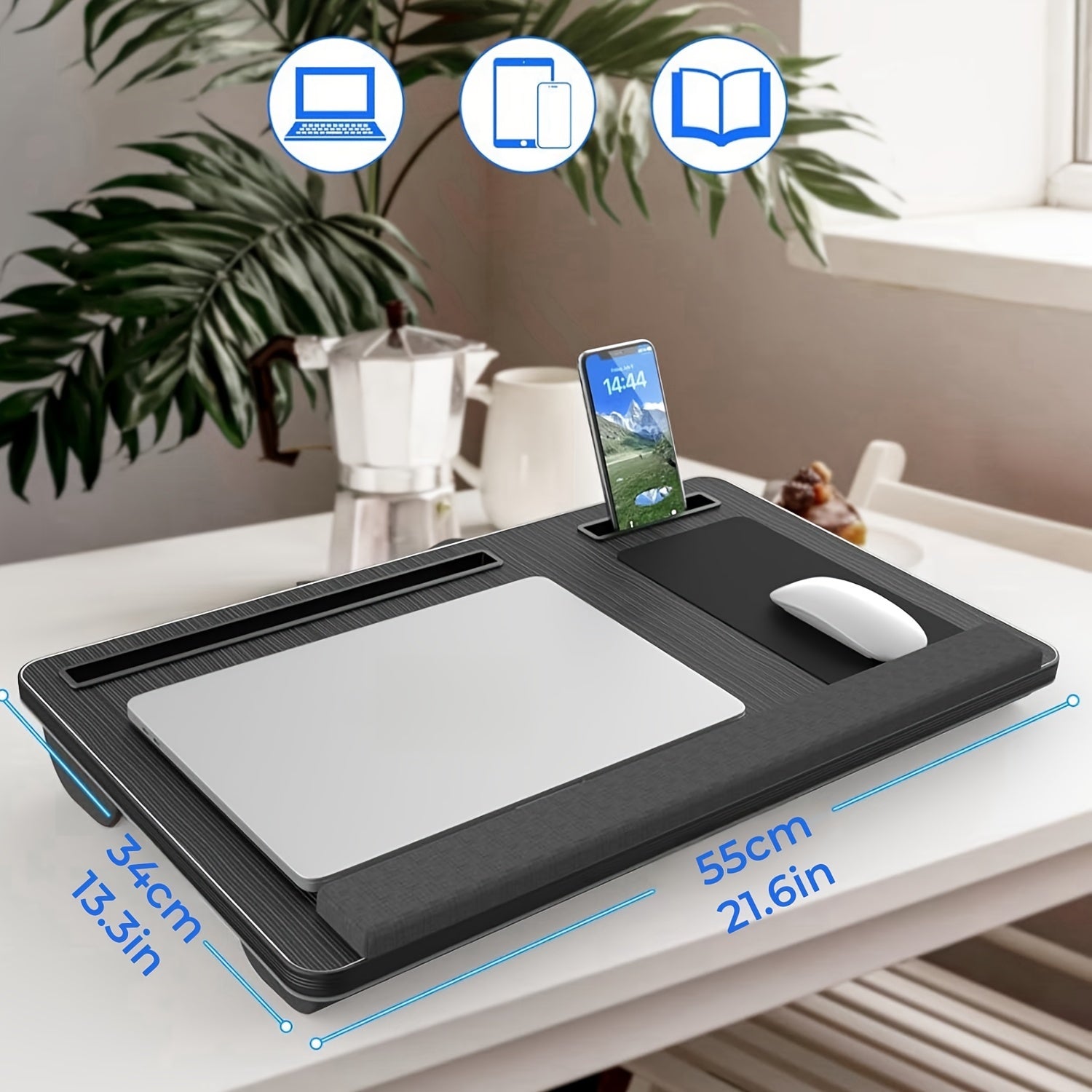 Большой портативный столик для ноутбука для взрослых с подставкой для запястья, ковриком для мыши, отсеком для телефона и ручкой, черный