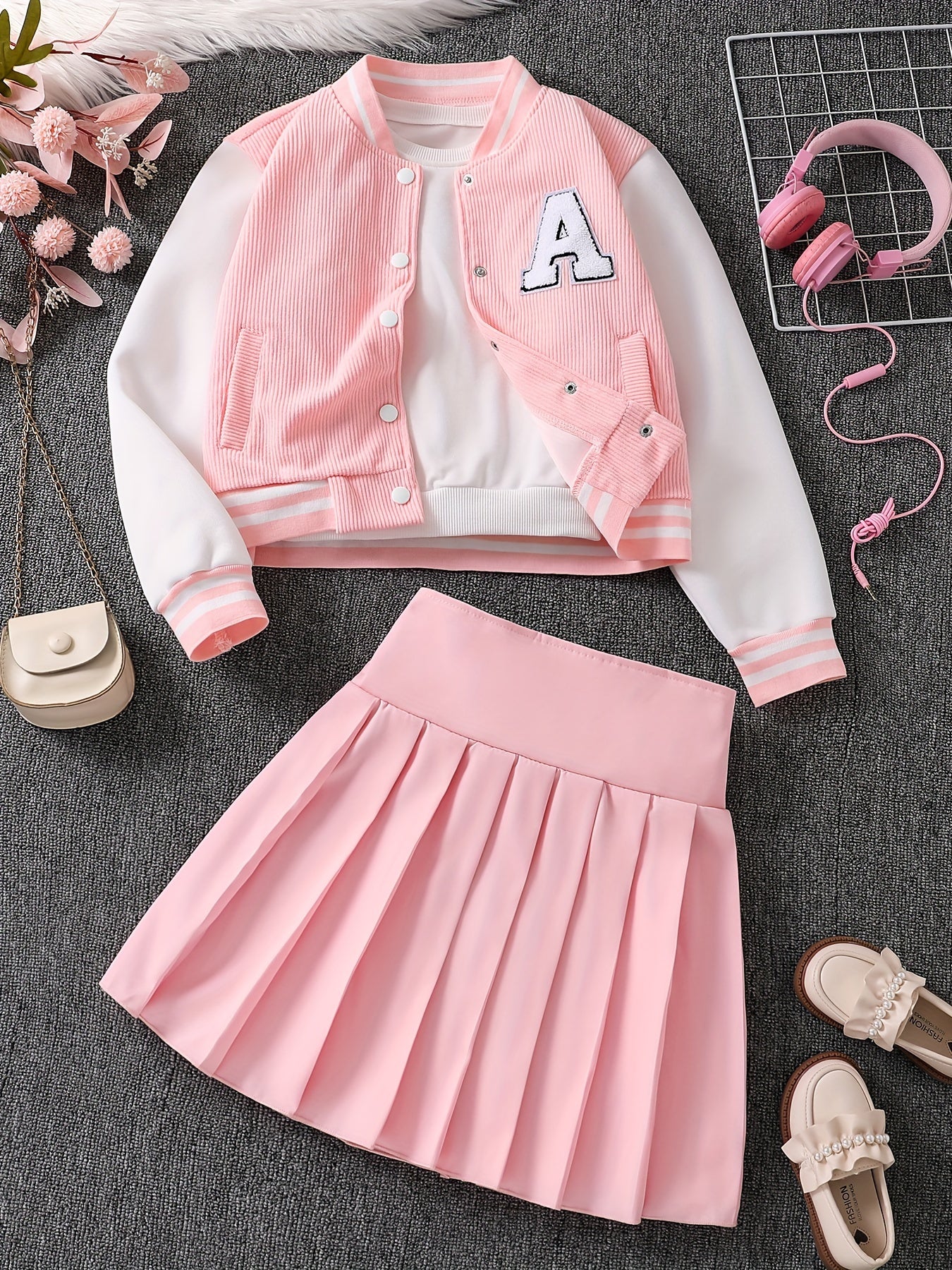 Kids' Polyester Baseball Jacket and Pleated Skirt Set for Girls Spring Fall