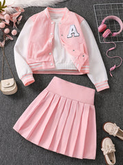Kids' Polyester Baseball Jacket and Pleated Skirt Set for Girls Spring Fall
