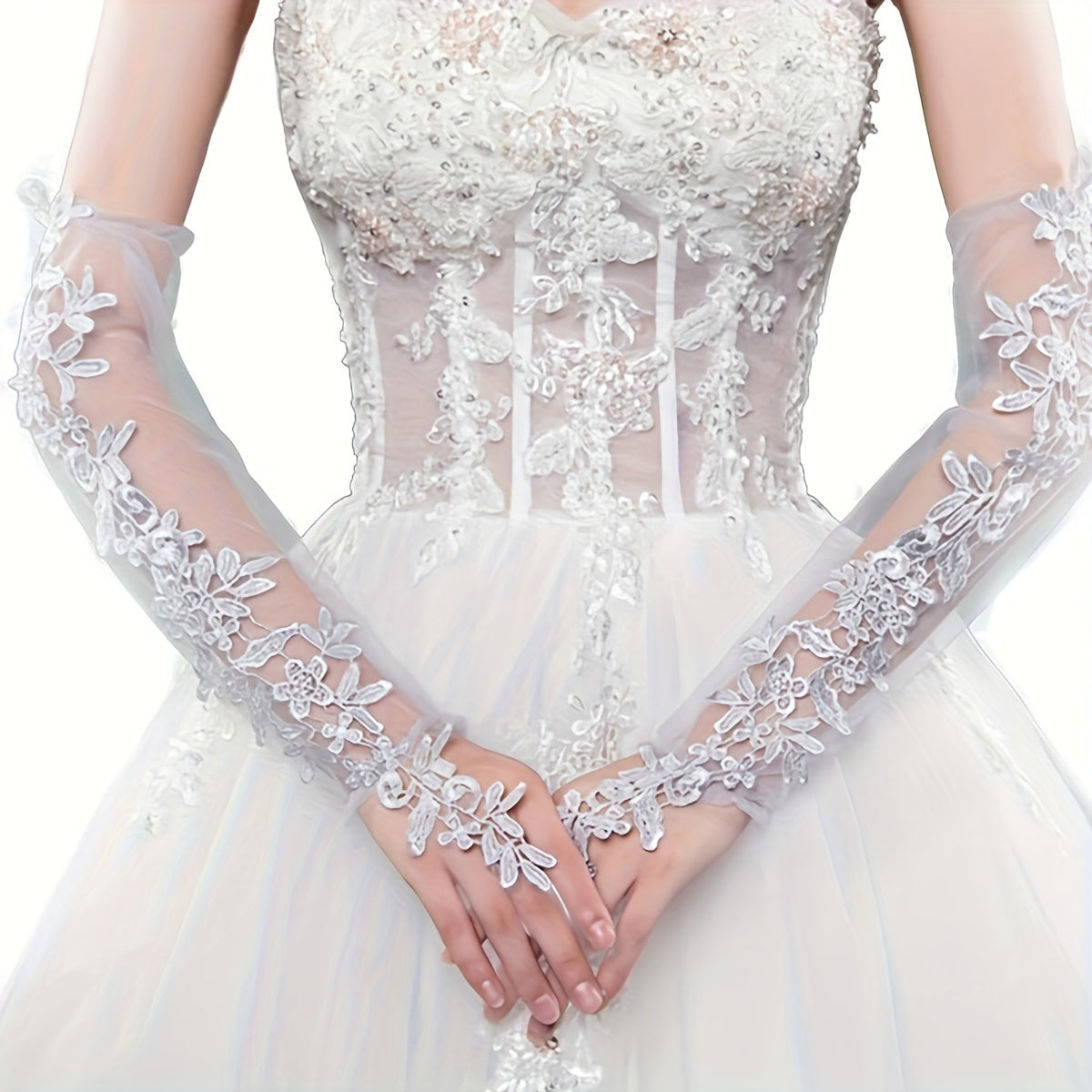 Women's Long Lace Gloves with Sheer Mesh Sleeves for Weddings and Photos