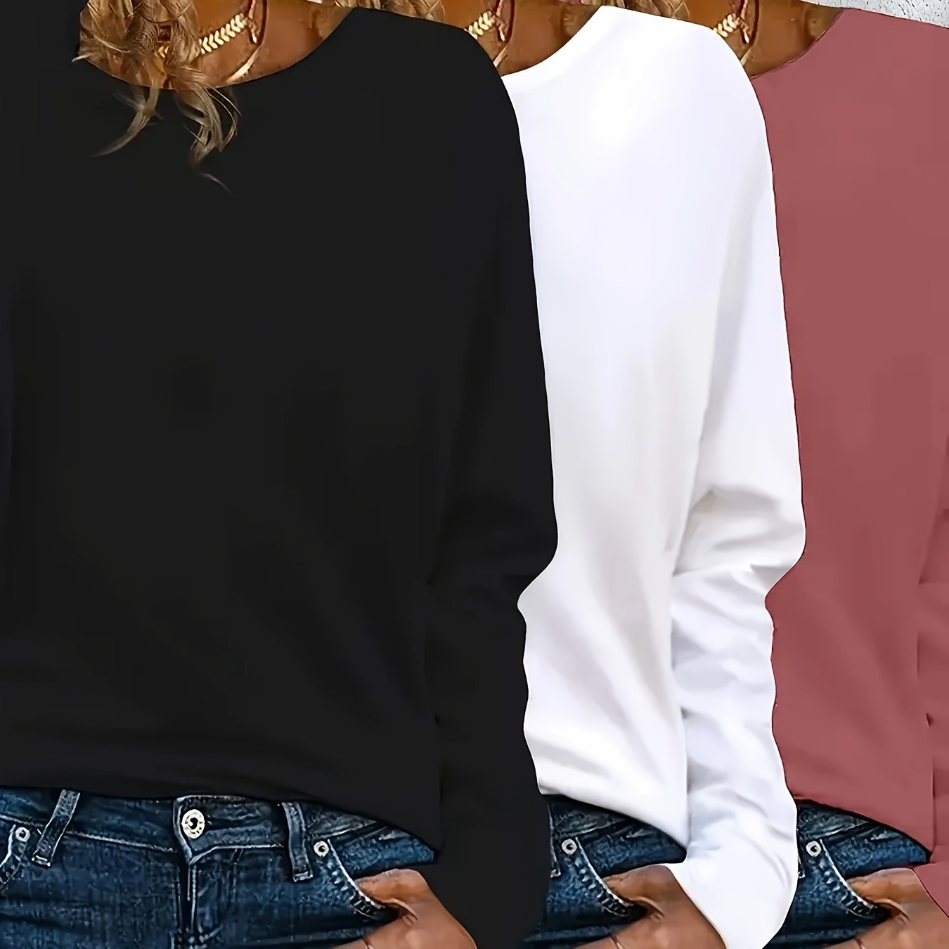 Women's Solid Color Round Neck Long Sleeve T-Shirts Casual Autumn Spring