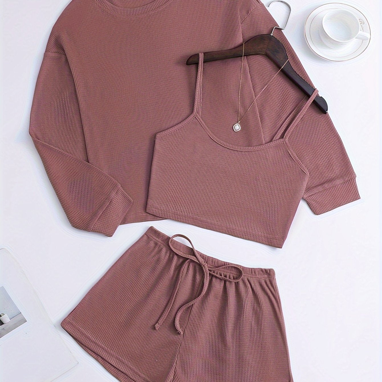 Adult Waffle Knit Pajama Set Three Piece Long Sleeve Casual Winter Fall Solid