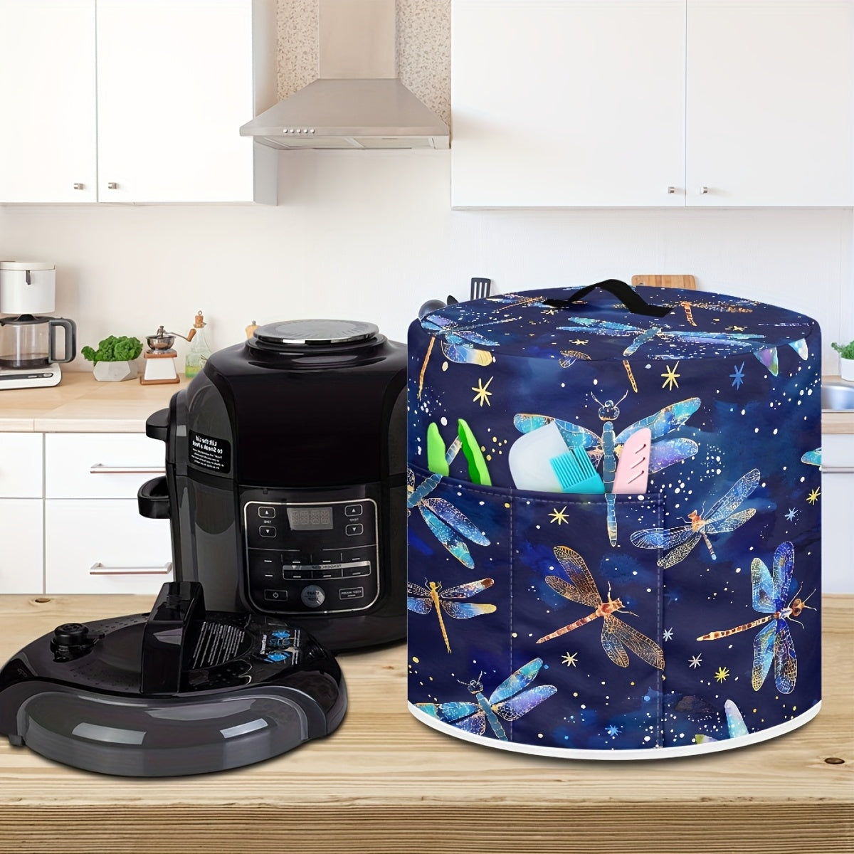 Funda antipolvo con patrón libélula para olla a presión de 8 cuartos, freidora de aire, olla arrocera, azul y oro