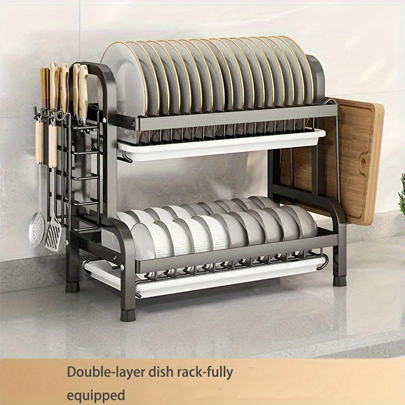 Organizador de cocina de acero inoxidable, estante para platos de 2 niveles con sistema de drenaje