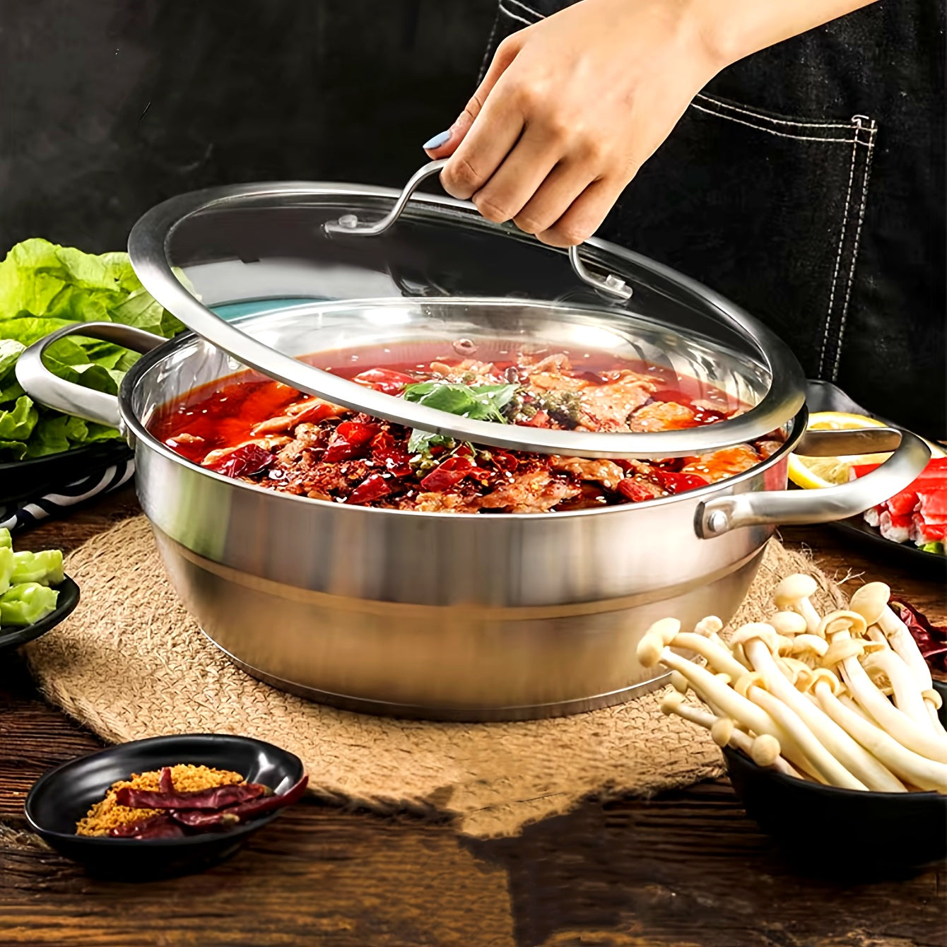 Thickened Stainless Steel Steamer Pot with Glass Lid for Easy Cooking and Serving