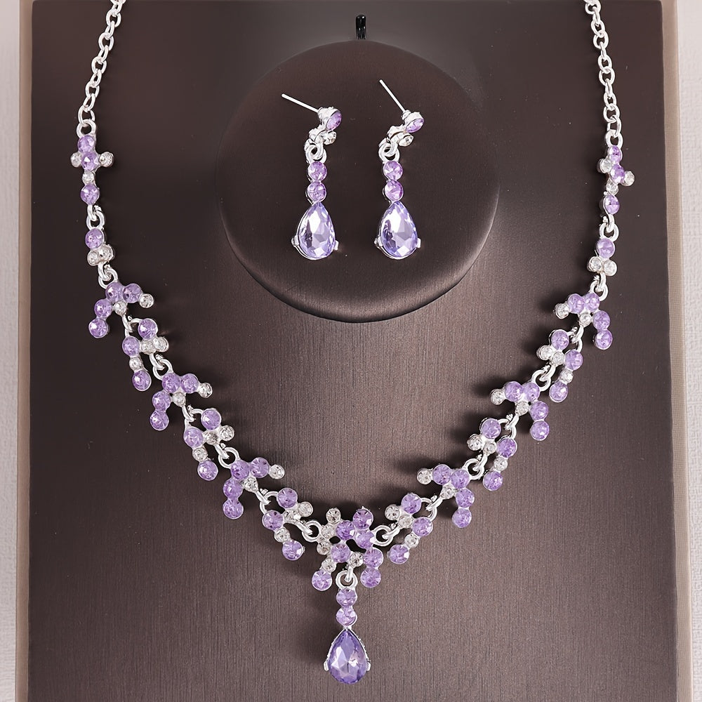 Nikoh tiara to'plami, binafsha rhinestones bilan, vintage taxtali taqsimlangan taqinchoq, marjon va quloq taqinchoq, to'y yoki partiyaga