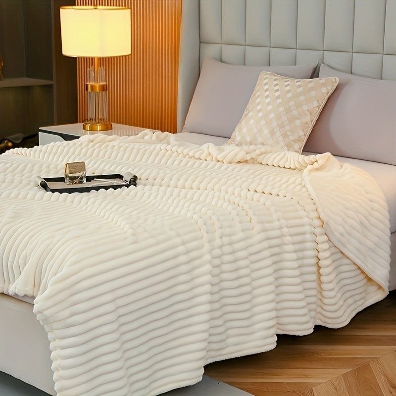 Cozy Lambswool Throw Blanket Beige Ultra-Soft Taffeta Rolled Edges for Sofa Bed Travel