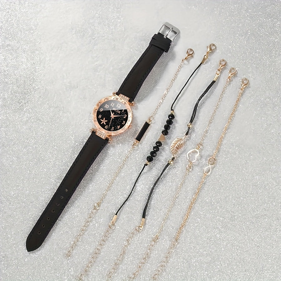 Ladies Quartz Watch with 5 Bracelets and Adjustable Strap