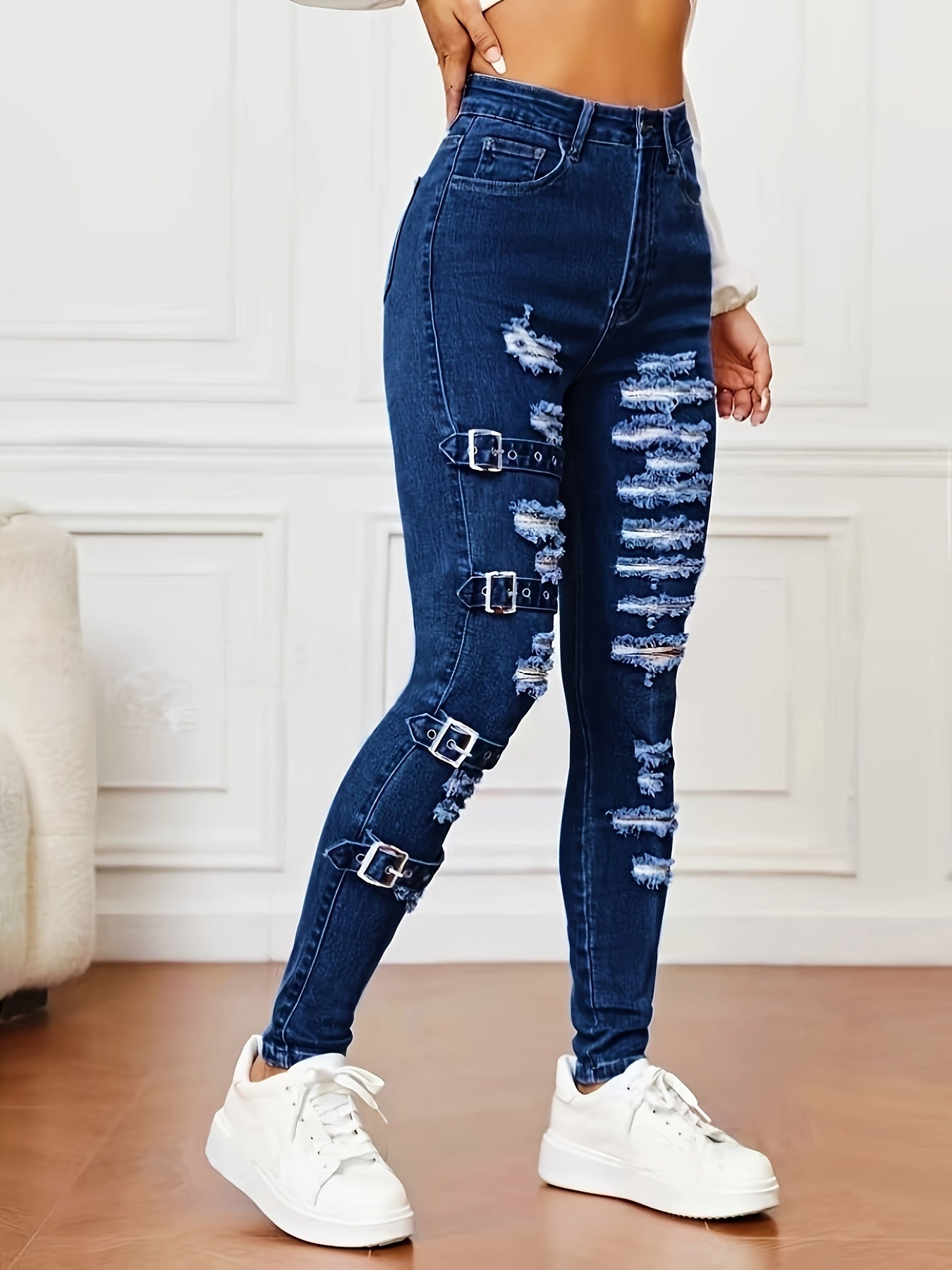 Women's High-Waisted Ripped Skinny Jeans Cotton Polyester Blend All-Season