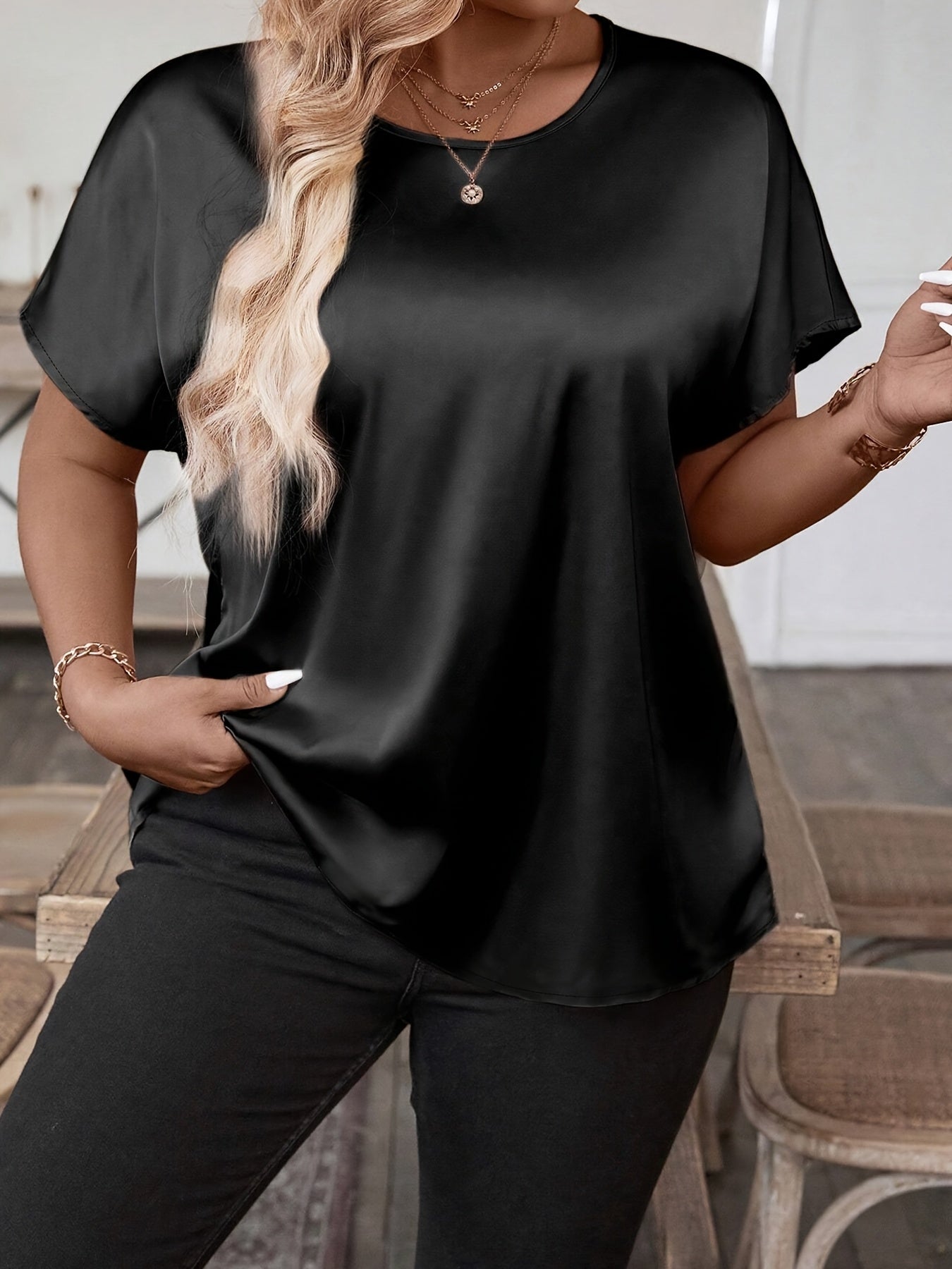 Plus Size Women's Casual Woven Short Sleeve Blouse Solid Color Summer Wear