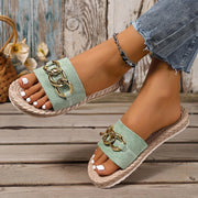 Women's Light Green Slide Sandals with Gold Chain Open Toe Casual Flats