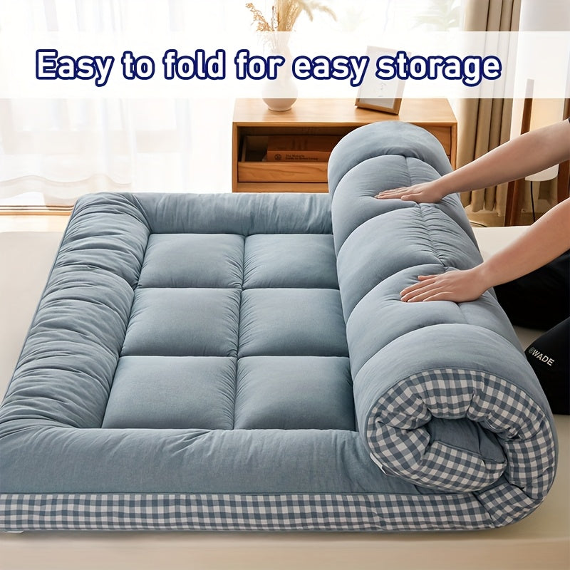 Full Size Japanese Floor Mattress with Thick Fluffy Padding Blue Foldable Tatami Cushion for Camping Dormitory Guest