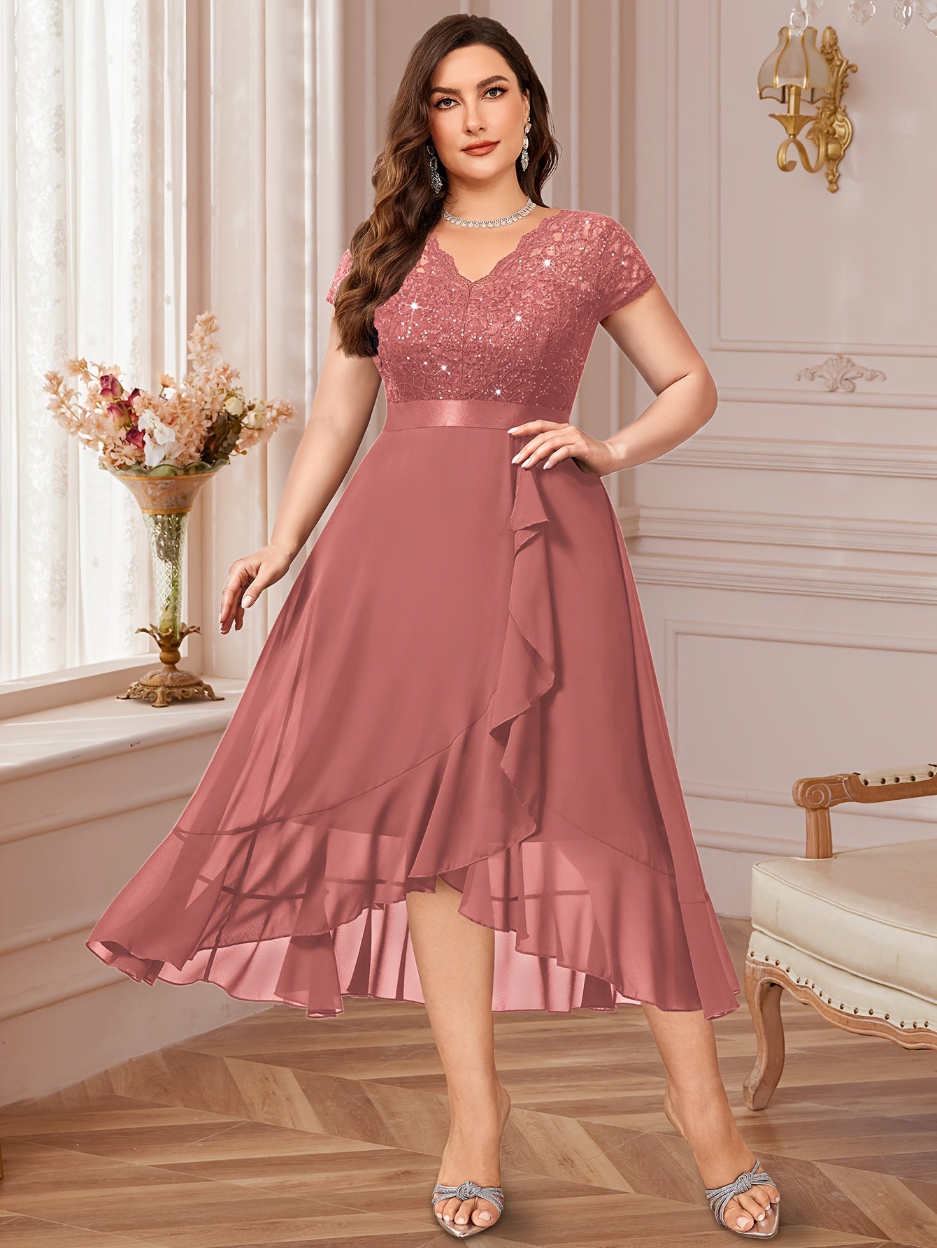 Plus Size Women's V-Neck Midi Dress with Lace and Ruffled Hem for Parties