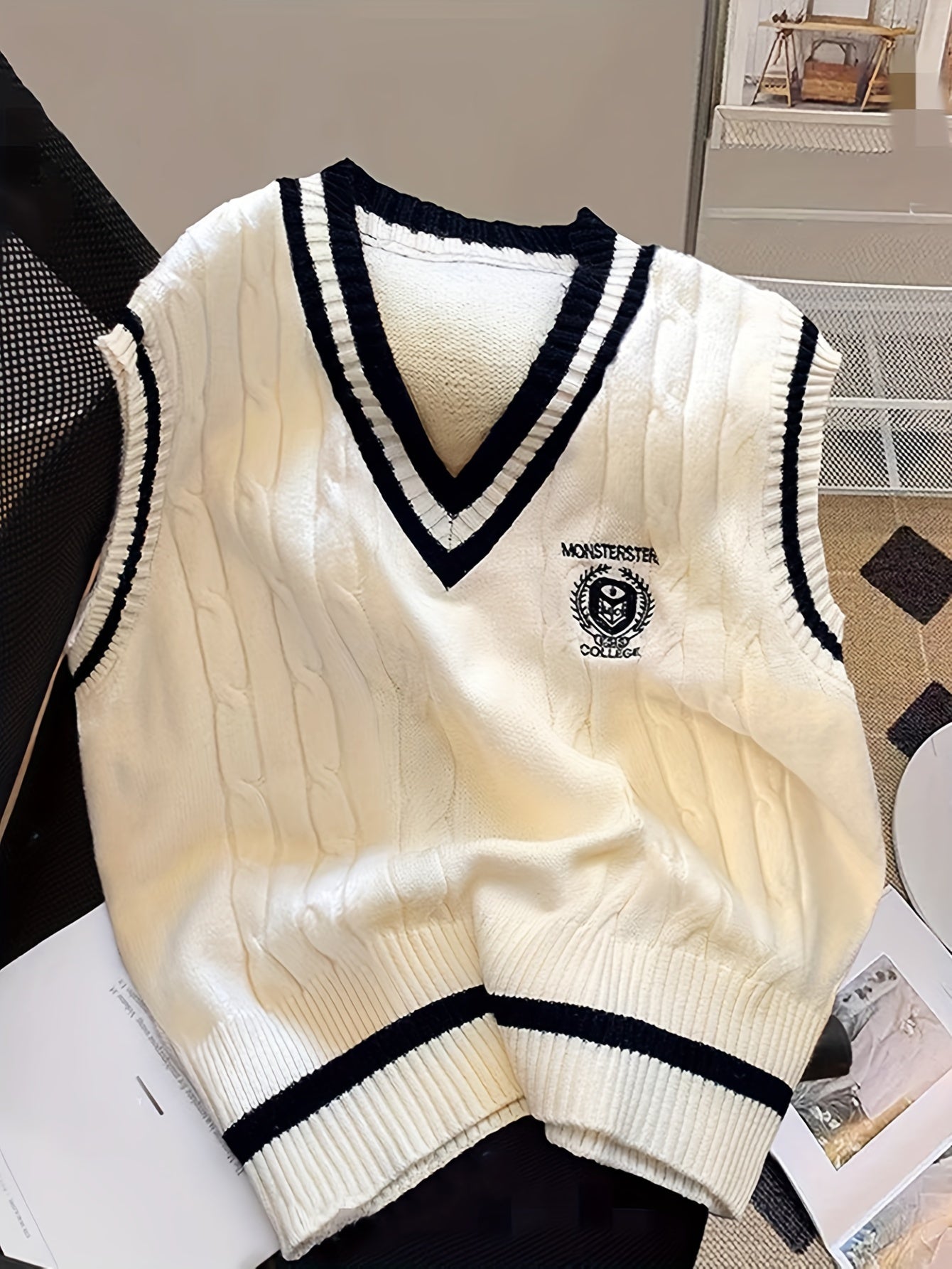 Chaleco de suéter de punto con cuello en V y detalle de insignia, poliéster acrílico, patrón de contraste, para todas las estaciones