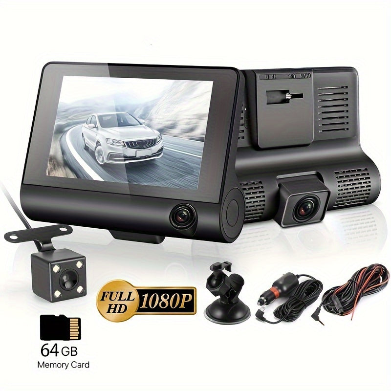 HD 3-Lens Dash Cam Night Vision Loop Recording Reversible Image Front Interior Rear View