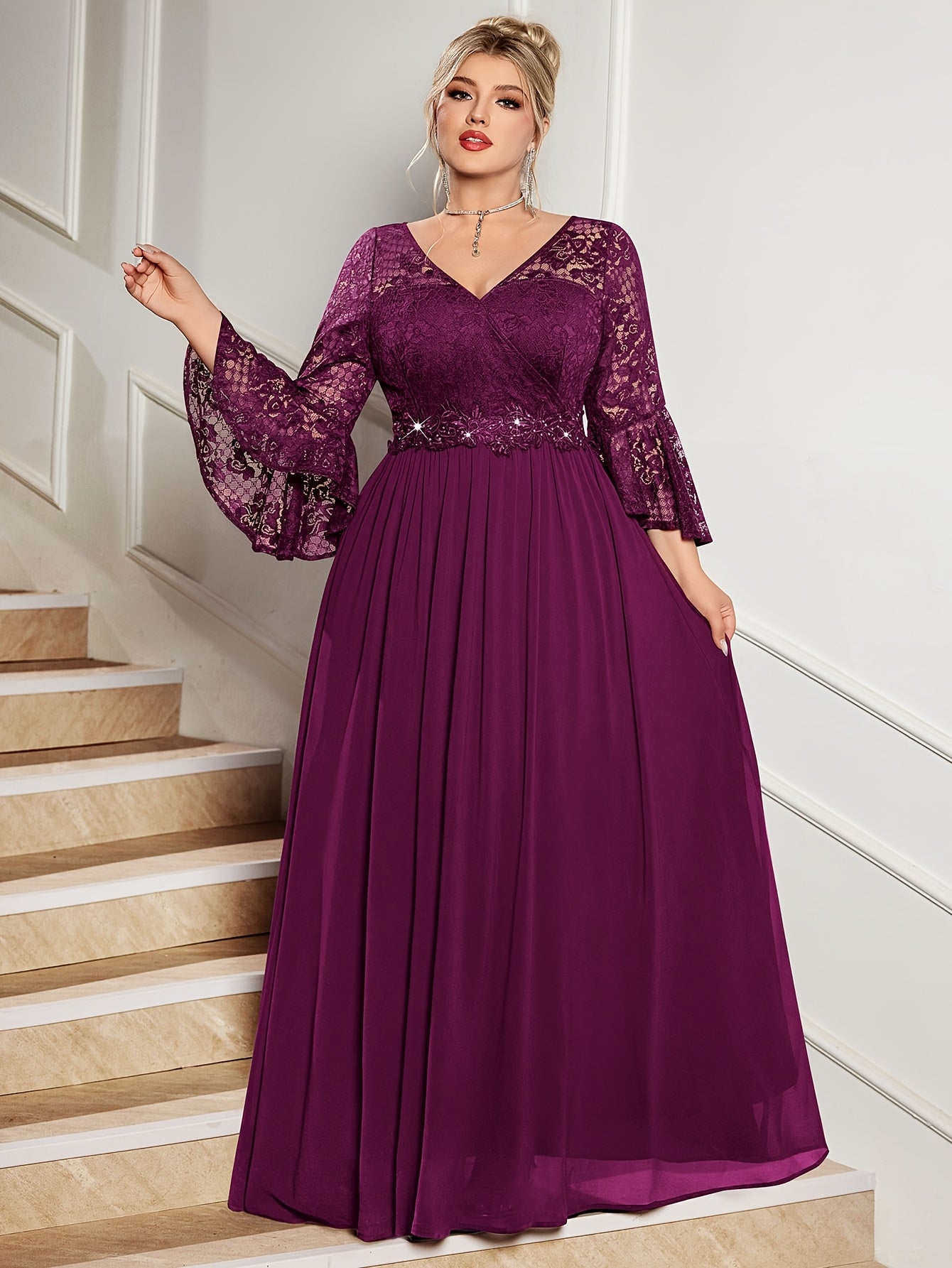 Plus Size Lace V-Neck Gown with Bell Sleeves and Pleated Skirt for Formal Events
